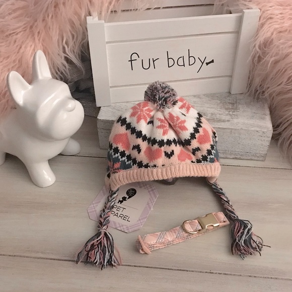 NEW! PINK Boutique Fur Baby Couture Pet Beanie & Pink Gold Preppy Dog Collar π